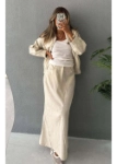 Picture of 7579 Beige Bomber Jacket With Skirt Linen Set For Women